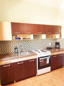 kuchnia z brązowymi szafkami i białą płytą kuchenną w obiekcie The Charming Abode w mieście Atsipopoulo