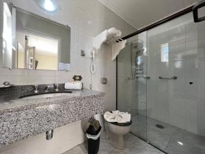 a bathroom with a shower and a sink and a toilet at Hotel Solar da Montanha in Campos do Jordão