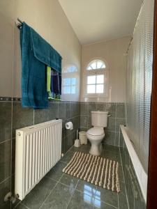 a bathroom with a toilet and a tub and a window at Coral Bay new furnished private villa with pool in Peyia