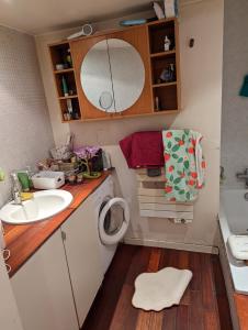 een kleine badkamer met een wastafel en een wasmachine bij chambre canal st martin in Parijs