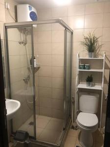 W łazience znajduje się prysznic, toaleta i umywalka. w obiekcie Central Park Apt. 3 Bedroom (42nd Floor - Alaina) w Dżakarcie