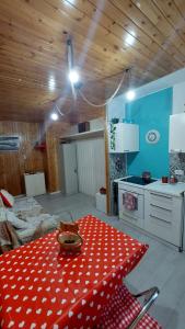 a kitchen with a table with a red polka dot table cloth at Sestola Paradise All Seasons in Sestola