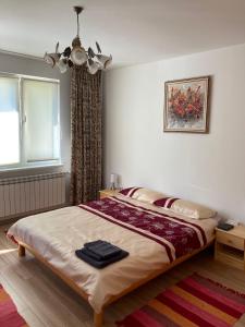 een slaapkamer met een bed en een plafondventilator bij Villa Rosa in Krayni Dol