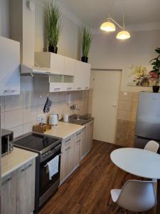 cocina con armarios blancos, mesa y encimera en Apartamenty Rynek K, en Przemyśl
