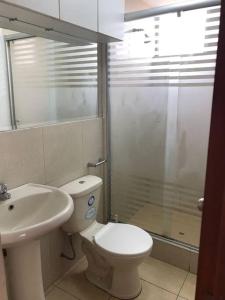 W łazience znajduje się toaleta, umywalka i prysznic. w obiekcie Hermoso Duplex en Chorrillos w mieście Lima