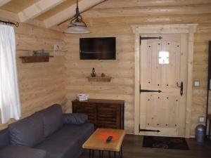 ein Wohnzimmer mit Sofa und Tür in der Unterkunft Chalet Hüttendorf 49 gradnord in Bayerisch Eisenstein
