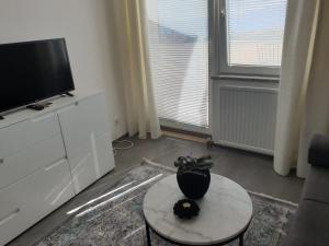 een woonkamer met een tv en een tafel met een plant erop bij Apartman Liliana in Rijeka