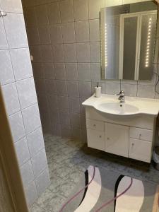 a bathroom with a sink and a mirror at GANCZ APARTMAN in Sárvár