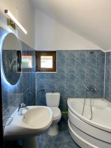 a bathroom with a sink and a toilet and a tub at Apartament Central in Constanţa