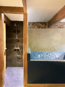 a bathroom with a shower with a blue tile tub at Gîte Pommier au Château des Pauses in Saint-André-de-Majencoules