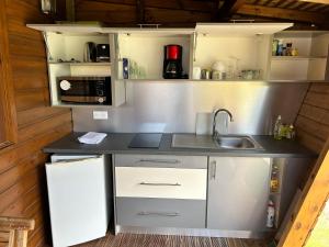a small kitchen with a sink and a counter at Gîtes Hotel Couleur Caraibes in Bouillante