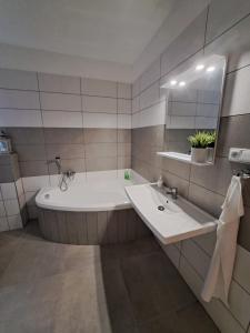uma casa de banho com uma banheira, um lavatório e um espelho. em Penzion U Cyrila em Moravská Třebová