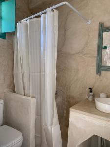a bathroom with a shower curtain and a toilet at Dar Lily in Erriadh