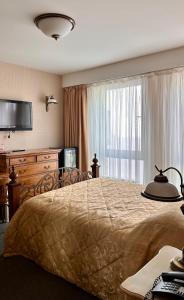 a hotel room with a bed and a television at Jaukūs Friedricho pasažo apartamentai in Klaipėda