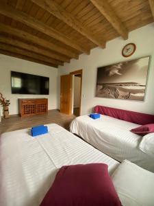 1 dormitorio con 2 camas y TV en la pared en Vallechico, en Vallebrón