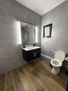a bathroom with a toilet and a sink and a mirror at 2-bd apartment at the heart of the Carmel in Haifa