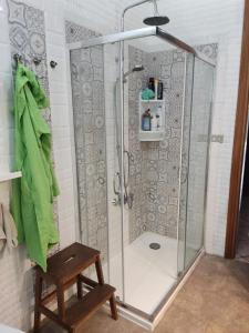 La salle de bains est pourvue d'une douche avec une porte en verre et un tabouret. dans l'établissement Villetta orchidea, à Rimini