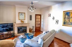 - un salon avec un canapé et une cheminée dans l'établissement Fantastic house swimmingpool jacuzzi horses, à Alcobaça