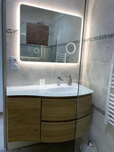 bagno con lavandino e specchio di Agréable appartement vue mer a Les Issambres