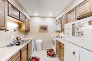 a kitchen with wooden cabinets and a sink at The Pine Cone - Permit #3255 in Estes Park