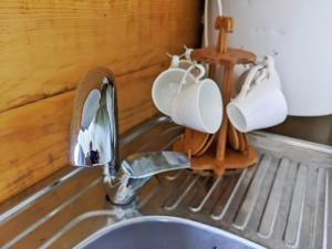 a kitchen sink with cups hanging on a wall at 4 seasons. 4 სეზონი Glamping Georgia Racha in Ambrolauri