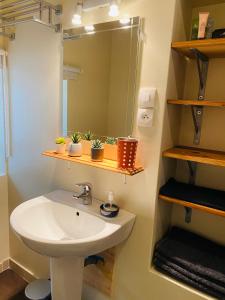 La salle de bains est pourvue d'un lavabo et d'un miroir. dans l'établissement Chambre d'hôtes dans les champs, à Jeux-lès-Bard