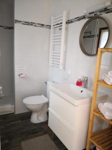 La salle de bains est pourvue de toilettes, d'un lavabo et d'un miroir. dans l'établissement La Rose des Vents, à Saint-Germain-sur-Morin