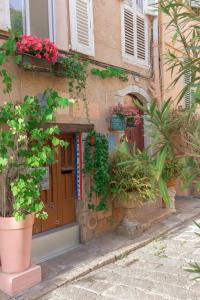 un edificio con macetas delante de una puerta en Un Écrin au Suquet - Studio, clim, balcon, plage, Palais des Festivals, en Cannes