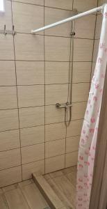 a shower with a pink shower curtain in a bathroom at Kolyba Complex in Umanʼ