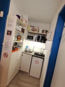 een kleine keuken met witte kasten en een koelkast bij STUDIO LES GLOVETTES in Villard-de-Lans