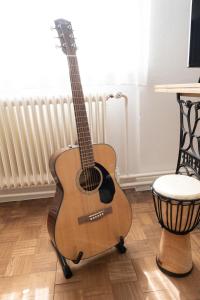 a guitar sitting next to a stool in a room at Passero Holiday House in Moravske Toplice