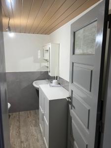 a bathroom with a white sink and a door at Quinta da nogueira in Albergaria dos Doze +15 photos