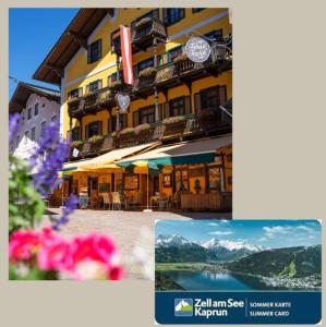 a collage of photos of a building with flowers in front at Hotel Lebzelter in Zell am See