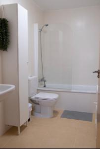 a white bathroom with a toilet and a shower at Vista Verde in Murcia