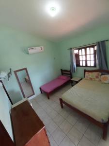 a bedroom with a bed and a chair and a mirror at Chácara da Bel in Pitimbu