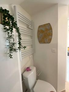 a white bathroom with a toilet and a plant at Petit cocon / parking au centre ville Melun in Melun