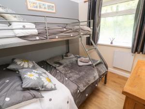 a bedroom with a bunk bed with a pillow and a window at 17 River Banks in Liskeard