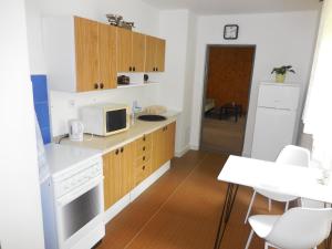 a kitchen with wooden cabinets and a microwave at Apartmán u zámku in Smečno