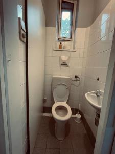 a small bathroom with a toilet and a sink at Jupiter Apartment in Vienna