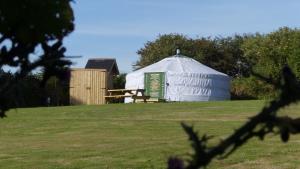 a yurt in a field with a wooden fence at Higher Trenear Farm Yurts in Helston