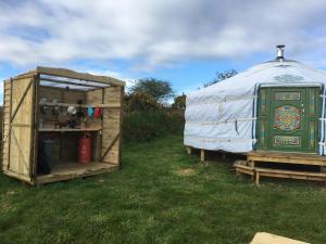 a yurt and a house in the grass at Higher Trenear Farm Yurts in Helston
