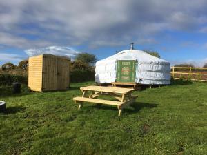 a yurt with a picnic table in a field at Higher Trenear Farm Yurts in Helston