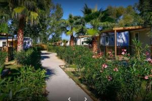 a walkway through a garden with flowers and palm trees at MOBIL HOME n 1 TOUT CONFORT ST CYPRIEN 66 in Saint-Cyprien