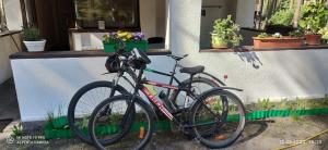 dos bicicletas estacionadas frente a una casa en Varnukroga House, en Jūrmala