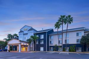 un hôtel avec des palmiers en face d'un parking dans l'établissement Fairfield Inn and Suites by Marriott McAllen, à McAllen