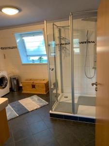 a bathroom with a shower with a glass door at Ferienwohnung zum weißen Schwan in Lübeck