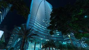 een hoog gebouw met palmbomen ervoor bij Roami at Brickell Penthouse Squad Oasis in Miami
