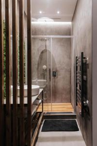 a bathroom with a glass shower and a sink at Athena City Apartment in Athens