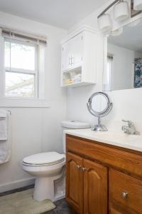 uma casa de banho com um WC, um lavatório e um espelho. em Ames Cottage Elk Rapids em Elk Rapids