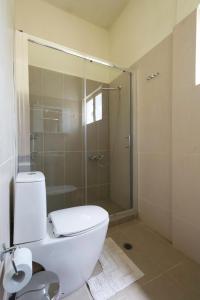 a bathroom with a toilet and a glass shower at Casa Cicala in Pómbia